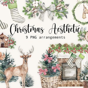 Acquerello Natale Estetica Clipart Arredamento Casa Accogliente Natale Clip Art Albero di Natale Fattoria Inverno Retro Rustico Legno png digitale