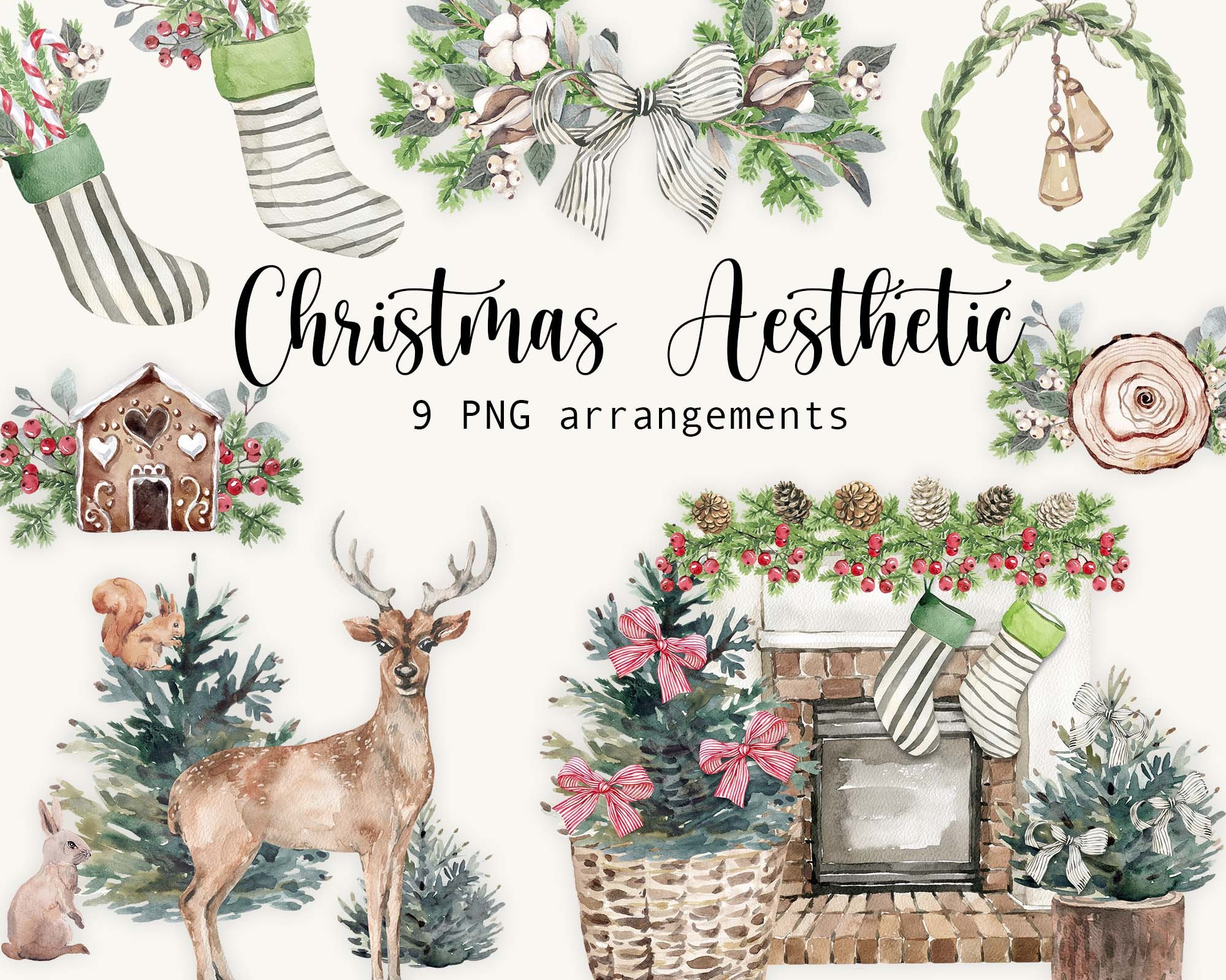 Cozy Christmas Floral Clipart Watercolor Rustic Winter PNG