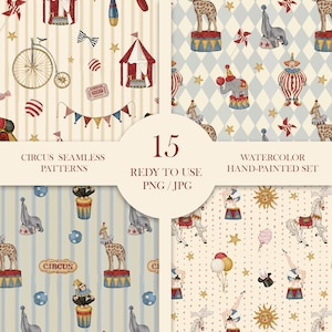 Retro Circus Seamless Patterns Bundle | Vintage Circus Digital Paper | Hand Drawn  Pattern | Nursery Fabric Print | Scrapbook Paper