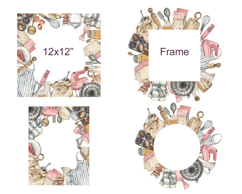 Watercolor Baking Clipart Frames, Kitchen PNG Graphics (digital ...