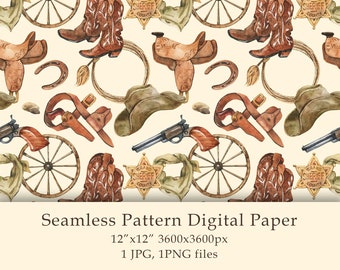 Watercolor Western Seamless Pattern, Digital Paper, Cowboy birthday png, Cute animals, Horse Farmhouse decor, Digital, PNG, JPG