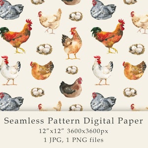 Aquarelle Ferme Oiseaux Modèle sans couture Papier numérique Ferme anniversaire png Animaux mignons poule coq volaille ferme Numérique PNG JPG