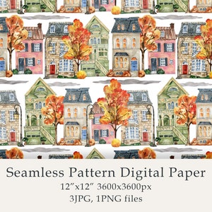 Watercolor Autumn Houses Seamless Pattern Digital Paper Houses birthday png Cute Houses farmhouse decor scrapbooking Digital PNG JPG