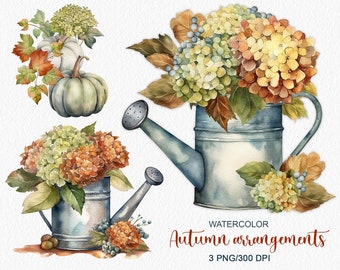 Watercolor Autumn arrangements Hydrangeas flowers Floral Clipart Autumn farmhouse clipart Rustic decor Vintage Thanksgiving PNG