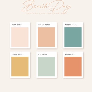 May include: A color chart with six squares showing polymer clay color recipes. The colors are: Pink Sand, Sweet Peach, Mosaic Teal, Lemon Peel, Atlantis, and Nectarine.
