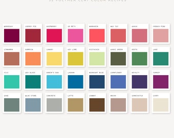 May include: A colour chart with 32 polymer clay colour recipes. The chart is divided into four rows of eight squares each. Each square has a different colour and a name written below it. The colours are arranged in a rainbow order, starting with red and ending with purple.