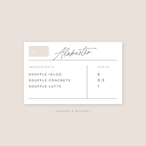 Puede incluir: Una tarjeta de receta minimalista con la palabra "Alabaster" en escritura elegante. La tarjeta enumera los ingredientes: Souffle Igloo, Concrete y Latte, con las partes correspondientes. El n&uacute;mero "04" est&aacute; en un peque&ntilde;o rect&aacute;ngulo en la parte superior izquierda. Las palabras "Example Recipe" est&aacute;n en la parte inferior.