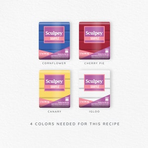 May include: Four 1.7 ounce packages of Sculpey Souffle modeling clay in the colors cornflower blue, cherry pie red, canary yellow, and igloo white.  The packages are arranged in a grid.
