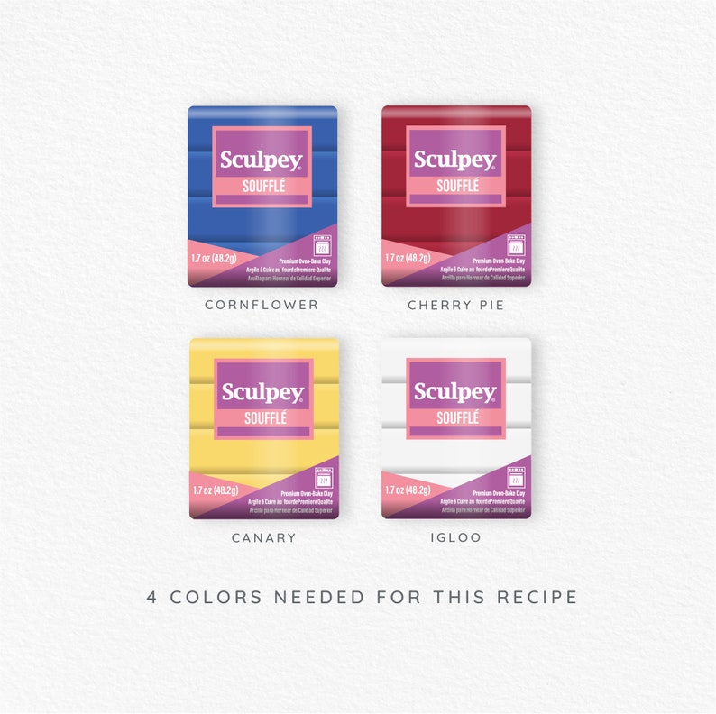 May include: Four 1.7 ounce packages of Sculpey Souffle modeling clay in the colors cornflower blue, cherry pie red, canary yellow, and igloo white.  The packages are arranged in a grid.