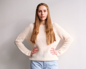 Off White Cable Knit Sweater, Luxurious blend of brushed alpaca and Mulberry silk. Very light and Super Soft for your skin. READY TO SHIP!