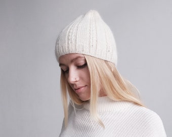 Cable Knitted Unisex Hat Natural Wool Ready To Ship Hand Made Beanie, White Winter Hat Kid Mohair, Luxury Wool Hat Christmas Gift For Women