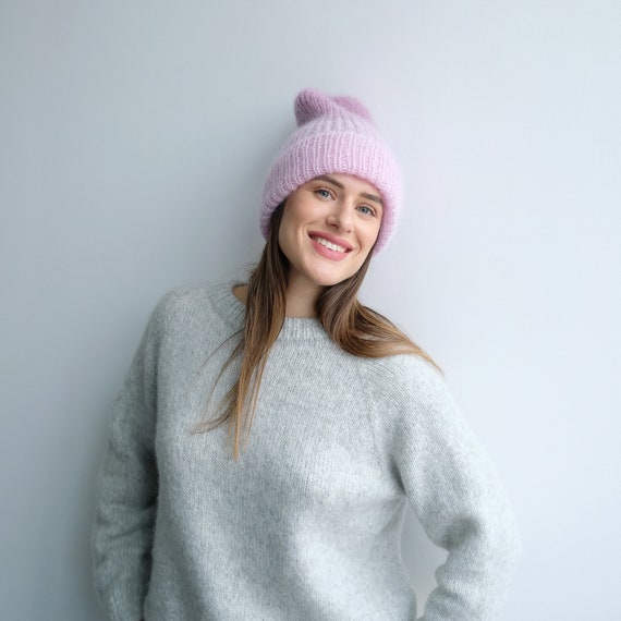 Handmade Winter Hat Slouchy Beanie Hat Crochet Hats for Women Men Cat Ear Bonnet Girl Knitted Lazy  main image 3