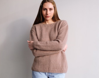 Cacao/Beige Kid Mohair & Silk Cable Knit Sweater, Loose Knit Pullover, Women Winter Sustainable Knitwear, Christmas Present Handmade For Her