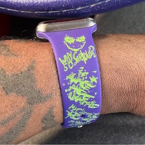The Joker ~ Laser Engraved Silicone iWatch Band Compatible with Smart iWatch (Joker Design) Dark Purple with add on Green