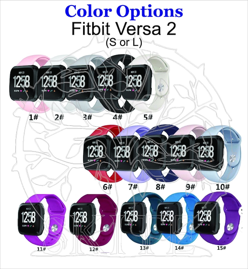 May include: A selection of 15 different colored silicone bands for a Fitbit Versa 2 smartwatch. The bands are shown in various colors, including pink, gray, black, white, red, purple, blue, light blue, and teal. The bands are numbered 1 through 15.