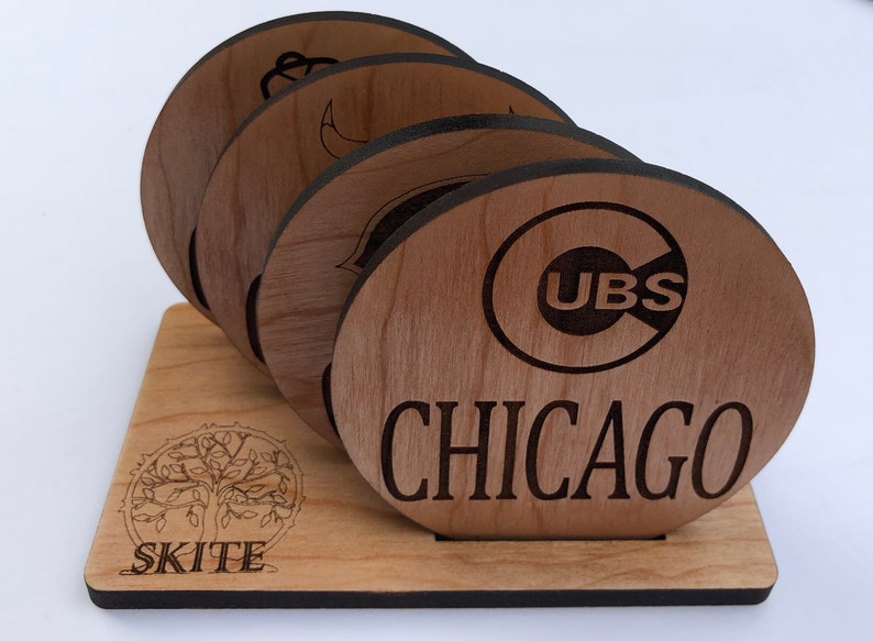 Personalized Laser Engraved Bridal Shower Gift Chicago Themed Custom Wood Coasters Birthday Wedding Real Wood Options Set of 4