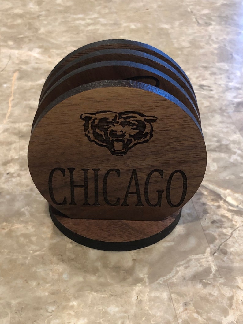 Personalized Laser Engraved Bridal Shower Gift Chicago Themed Custom Wood Coasters Birthday Wedding Real Wood Options Set of 4