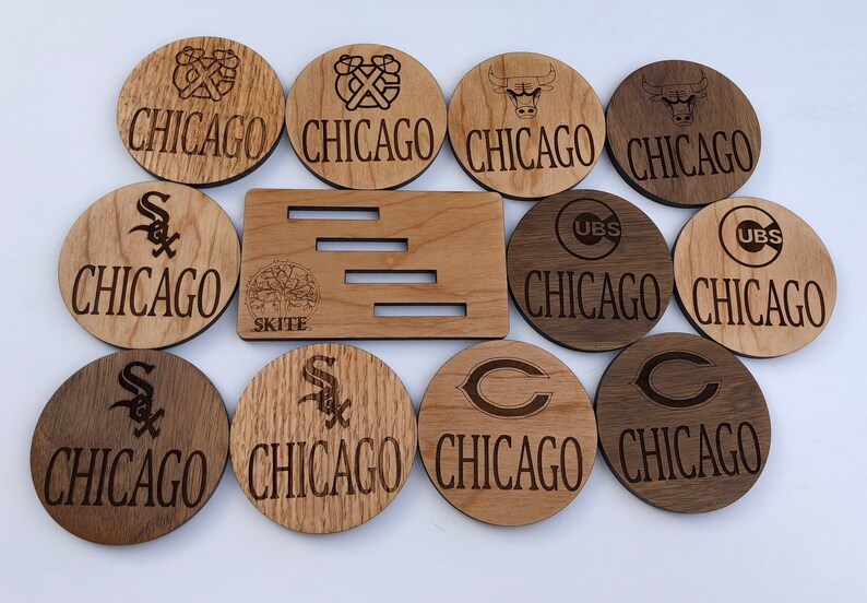 Personalized Laser Engraved Bridal Shower Gift Chicago Themed Custom Wood Coasters Birthday Wedding Real Wood Options Set of 4