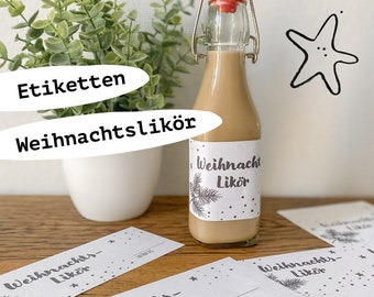 26 etiketten Kerstlikeur DIN A4-vellen | PDF om zelf af te drukken | DYI-cadeau-idee | Stickerfles Kerst | Zwart-wit