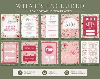 Floral Event Signage Template Bundle - Editable Canva Signs, Wedding & Birthday Decor Set, Menu, Welcome, Table Numbers, Instant Download