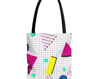 80s Retro Geometric Pattern Tote Bag | Retro Grid Shapes