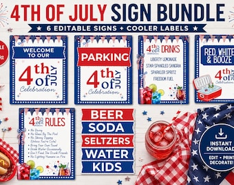 Editable 4th of July Party Signage Bundle Template - Patriotic Party Decor Canva Template- Memorial Day BBQ Signs