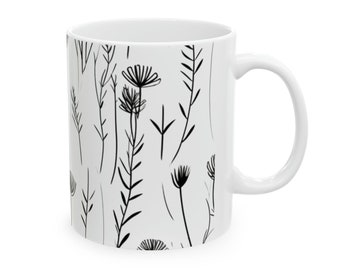 Boho Chic Floral Coffee Mug, Wildflower Print Ceramic Cup, Vintage-Inspired Whimsical Design, Unique Black and White Pattern, Coffee Cup