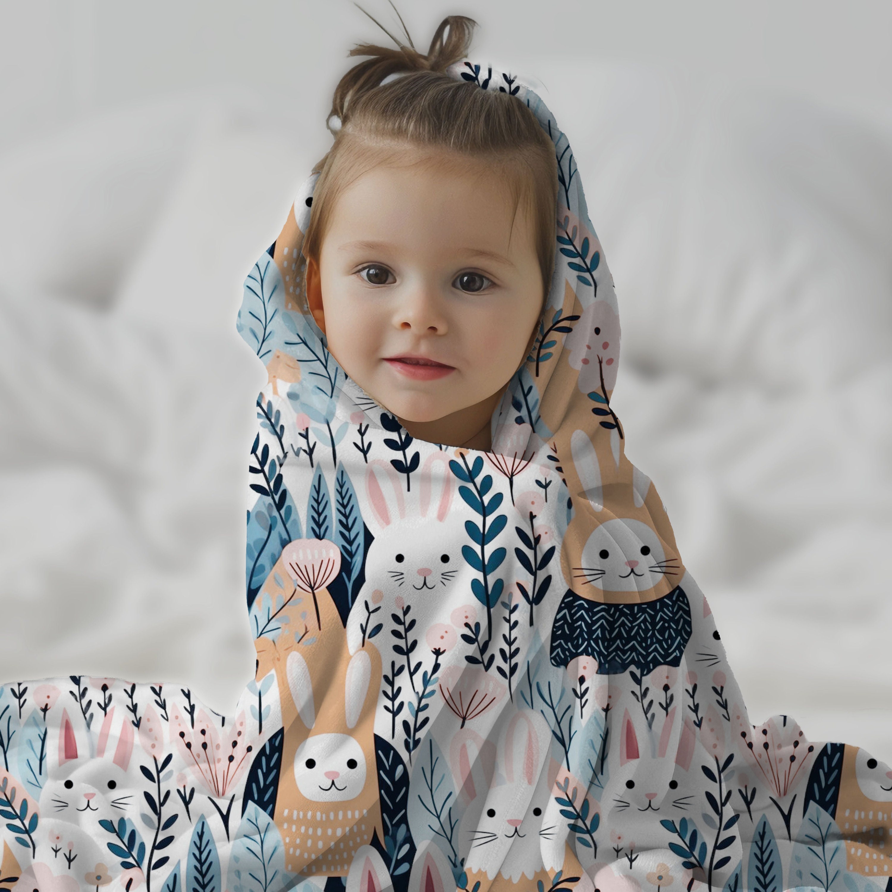 Whimsical Bunny Rabbit Nursery Blanket, Soft Cuddly Bohochic Design