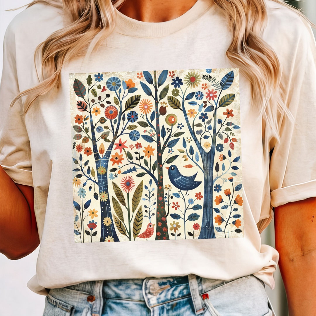 Cottagecore Inspired Birds Tee, Folk Art Tshirt, and Mexican Art