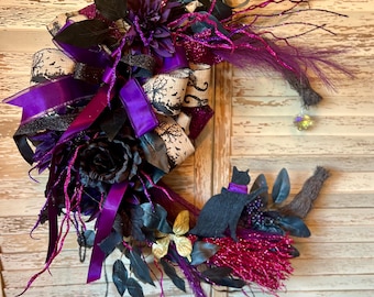 Halloween Cat Moon Wreath: Purple & Black Witch Decor