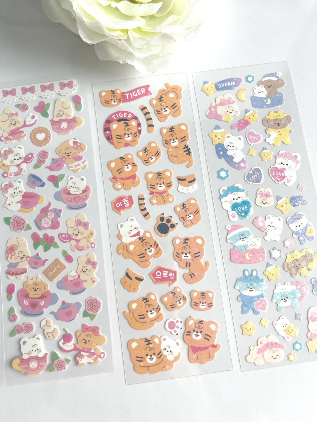 Cute Kawaii Sticker Bundle – 3 Sheets | Teddy Bear, Tiger & Dream Theme ...