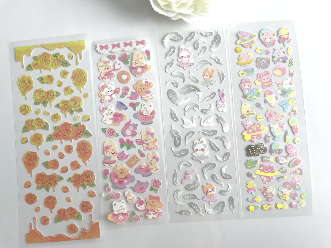 Cute Kawaii Sticker Sheet Bundle (set of 4) | Floral, Bears, Feathers ...