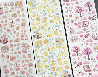 Hoja de pegatinas Kawaii adorables / Pegatinas de melocotón, limón y flor de cerezo / Pegatinas de gato, fresa y postre adorables / Pegatinas para diario y agenda