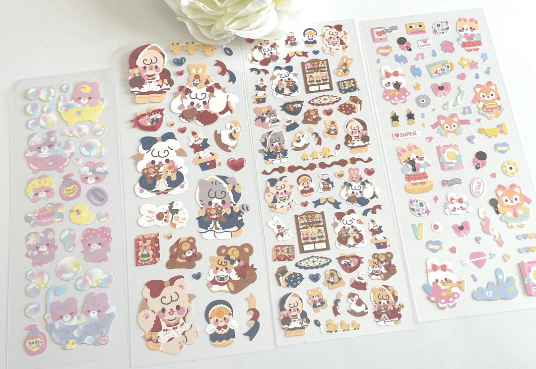 Cute Kawaii Sticker Sheets Bundle – Set of 4 | Bear and Cat Stickers ...