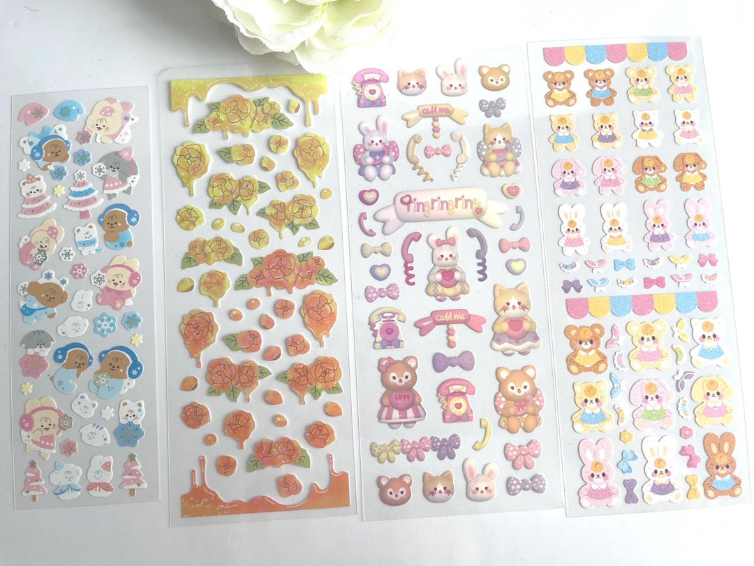 Cute Kawaii Sticker Sheets Bundle – Set of 4 | Bear and Cat Stickers ...