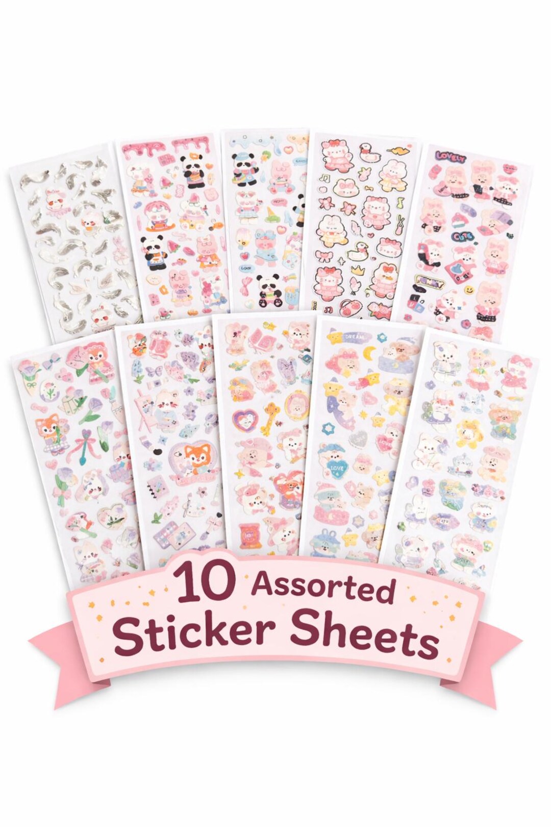 10 Assorted Kawaii Sticker Sheets Bundle | Cute Animal Planner Stickers ...