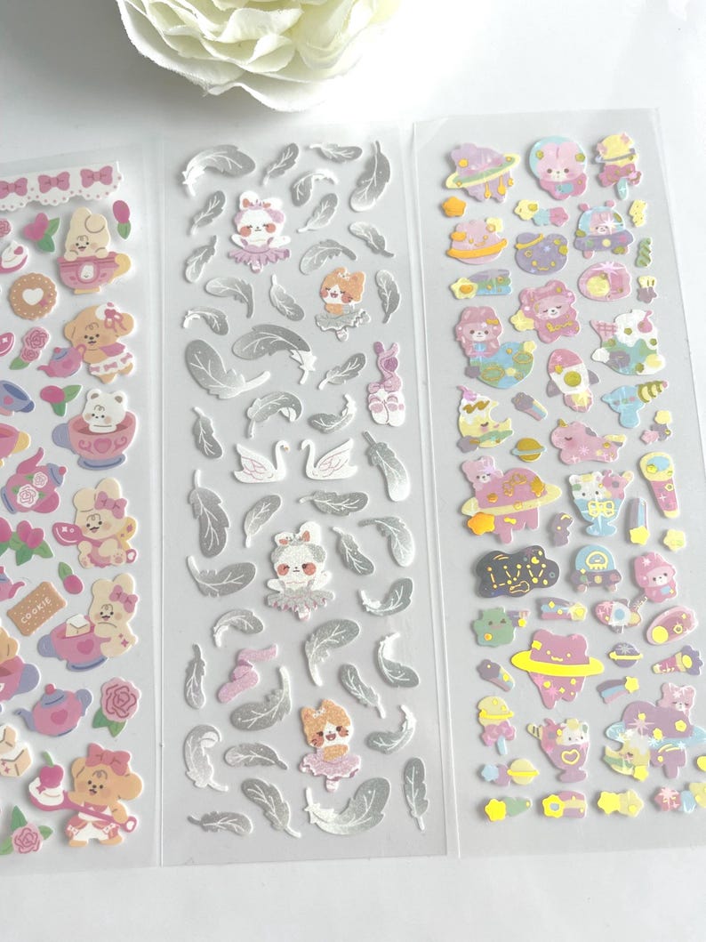 Cute Kawaii Sticker Sheet Bundle (set of 4) | Floral, Bears, Feathers ...