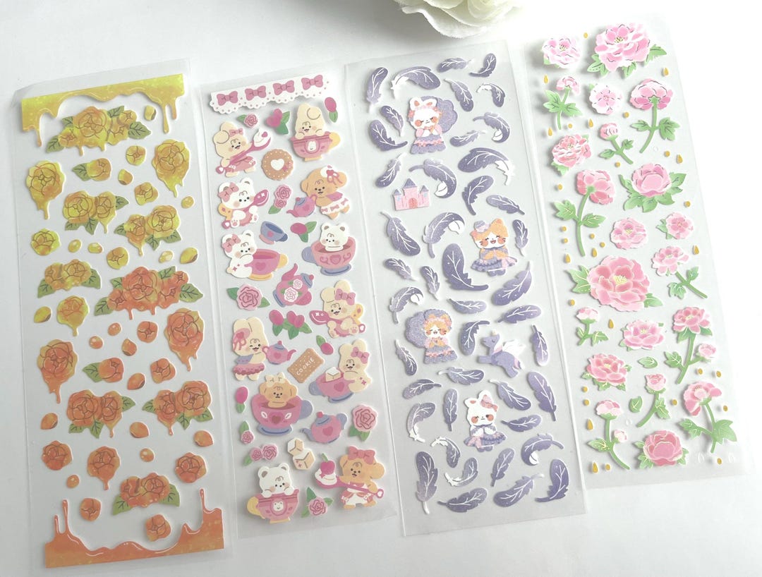 Cute Kawaii Sticker Sheet Bundle (set of 4) | Floral, Bears, Feathers ...