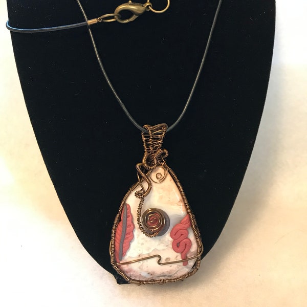 Wire Wrapped Polished Gemstone Leather Cord Necklace Ohio Flint Ridge Jasper