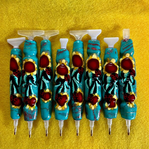 Diamond Painting Pen, Sunflowers and Ladybugs, Handmade, Polymer Clay, Drill Pen, with Multiplacer or Straightener, Ergonomic