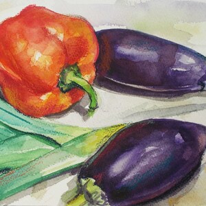 Original Watercolor Painting with Eggplants, Pepper and Leeks