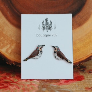 Boucles d&#39;oreilles oiseau scintillant boréal, boucles d&#39;oreilles oiseau, boucles d&#39;oreilles pic, bijoux oiseau, bijoux scintillement boréal, art scintillant boréal, cadeau oiseau