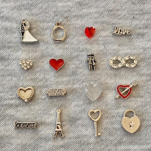 Puede incluir: Una colección de pequeños dijes plateados con temas románticos. Incluye una novia y un novio, un anillo, corazones, la palabra "love", un símbolo de infinito y la Torre Eiffel. También está presente la frase "I love you to the moon and back".