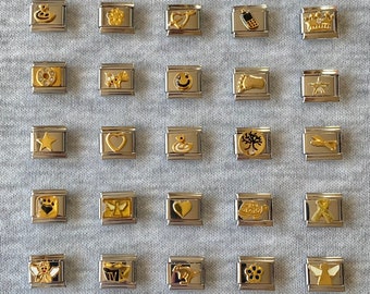 Gold patterned Italian charm bracelet links UK, 9mm classic silver stainless steel charms, memory