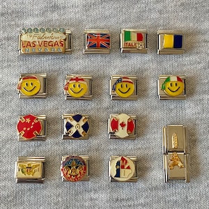 Flag Italian charm bracelet links UK, 9mm classic silver stainless steel charms, countries