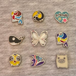 Puede incluir: Una colección de nueve dijes plateados con diseños de esmalte coloridos. Los dijes incluyen un loro, un tucán, una ballena, una mariposa, un búho, un pez, un cerdo y un dije en forma de corazón con la palabra "friends".