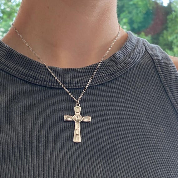 Rhinestone Cross Pendant Necklace: Stainless Steel Faith Jewelry