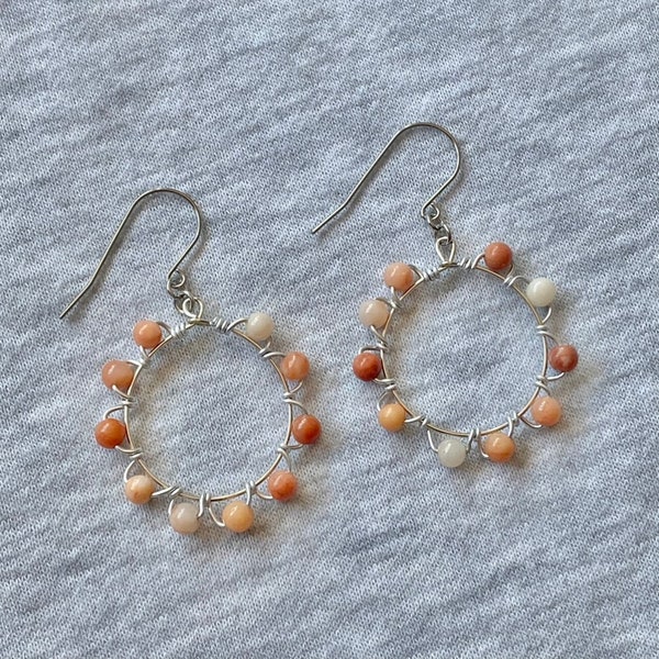 Peach jade gemstone wrapped sun earrings, stainless steel, silver dangle UK