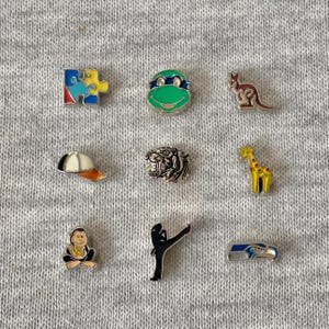 May include: A collection of nine enamel pins with various designs. The pins include a puzzle piece, a turtle face, a kangaroo, a baseball cap, a tiger head, a giraffe, a seated figure, a karate figure, and a football team logo.