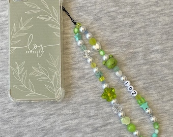 Frog Pearl flower beaded phone charm strap UK, personalised green